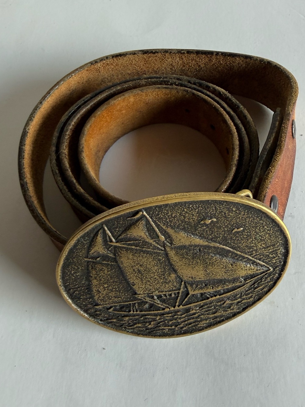 1978 BTS Brass Sailboat Buckle Leather Belt Men’s Brown Vintage Sz 34-36